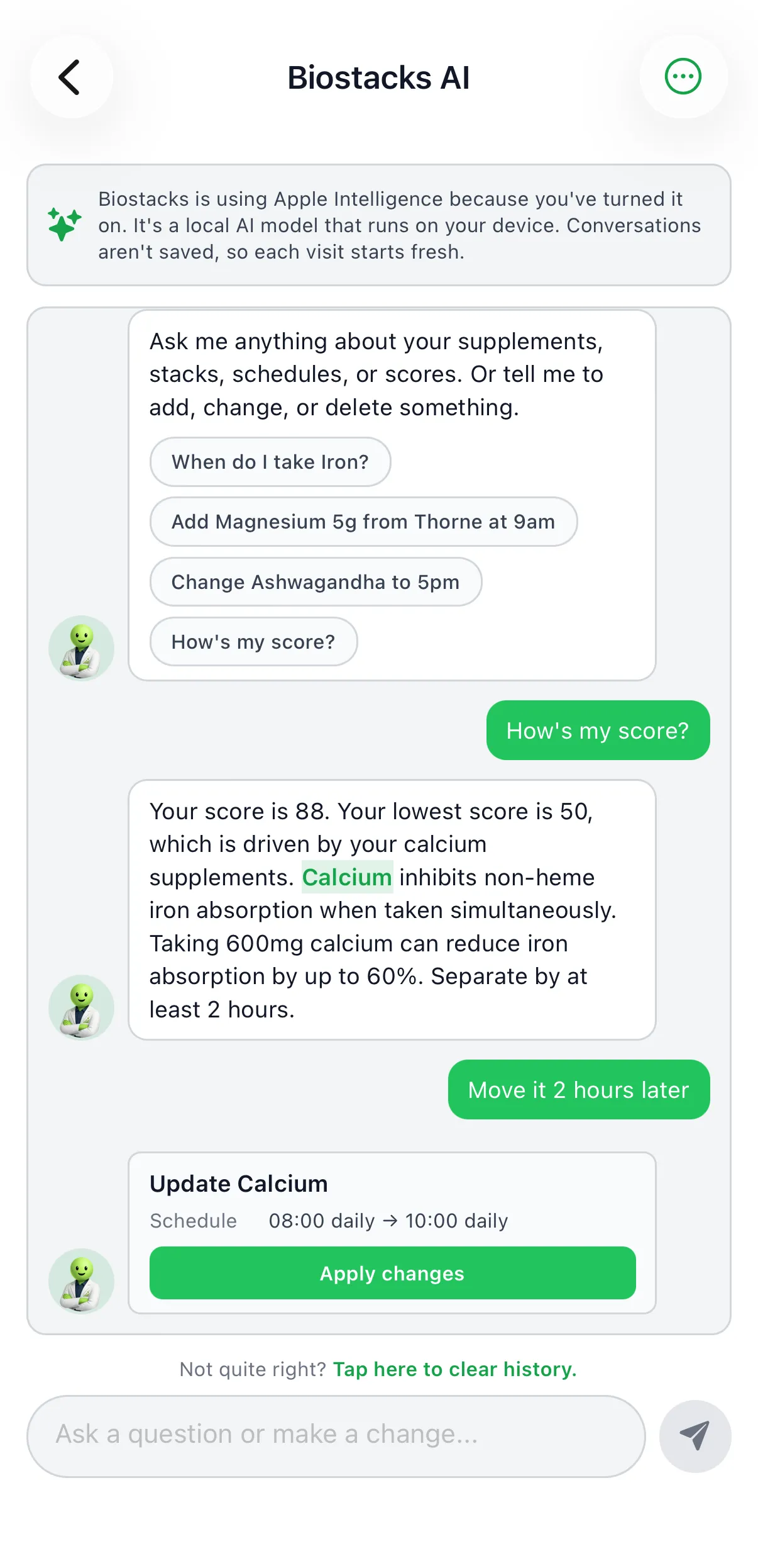 On-device AI chat answering a supplement question